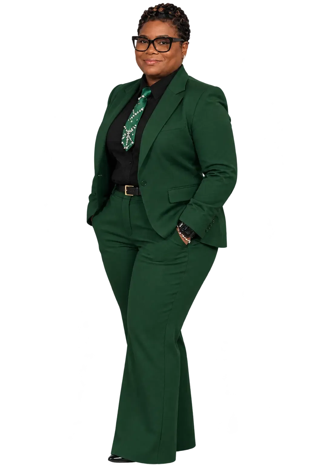 Teresa Reid in a green suit